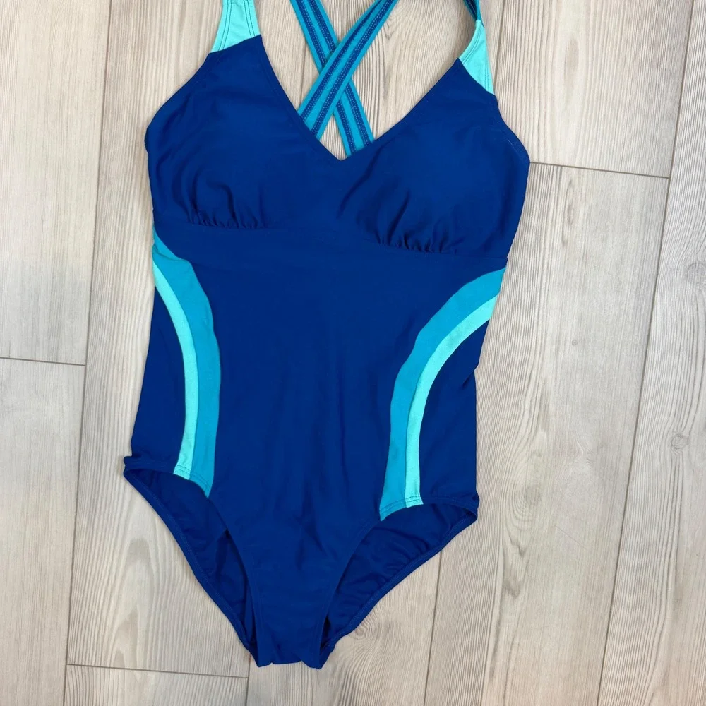 Lands End Blue Turquoise Colorblock One Piece Swimsuit Cross Back Size 10